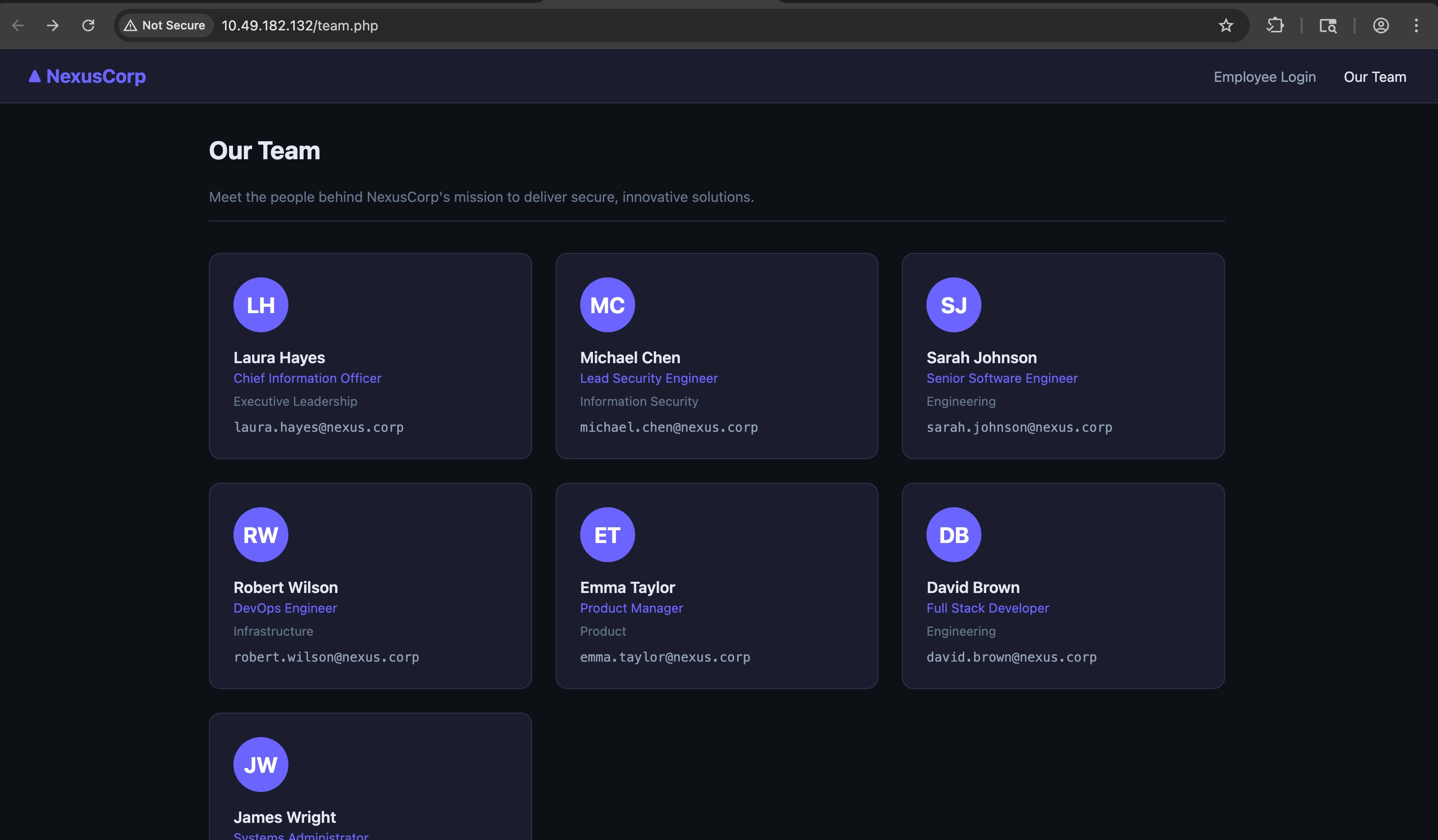 NexusCorp Team page listing employee names