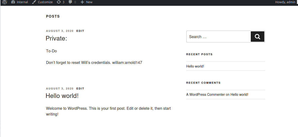 WordPress dashboard note revealing Will's credentials