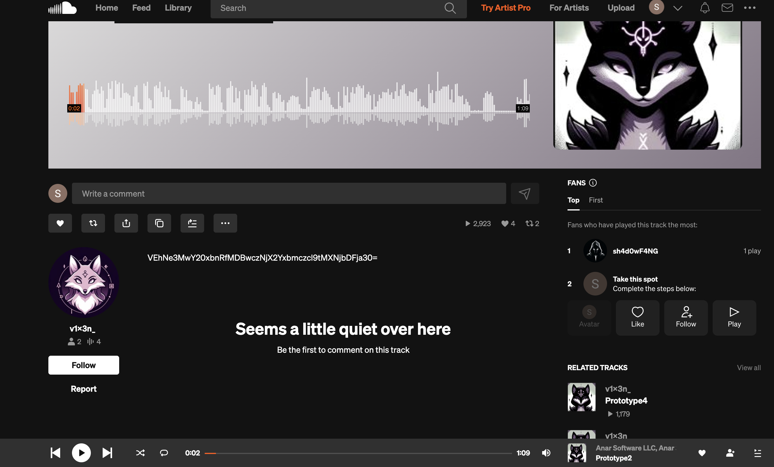 SoundCloud track description containing the Base64 flag