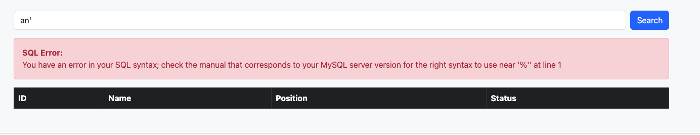 SQL error after quote injection in the search field