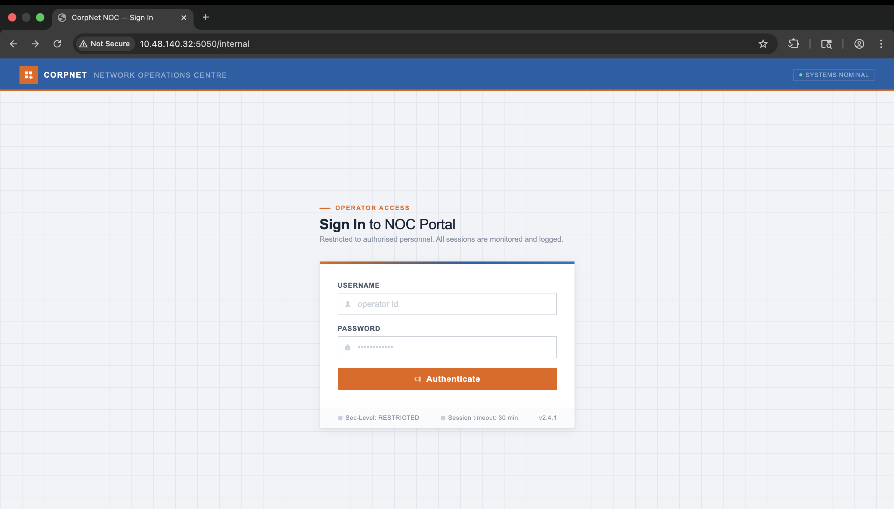 Login panel discovered at /internal