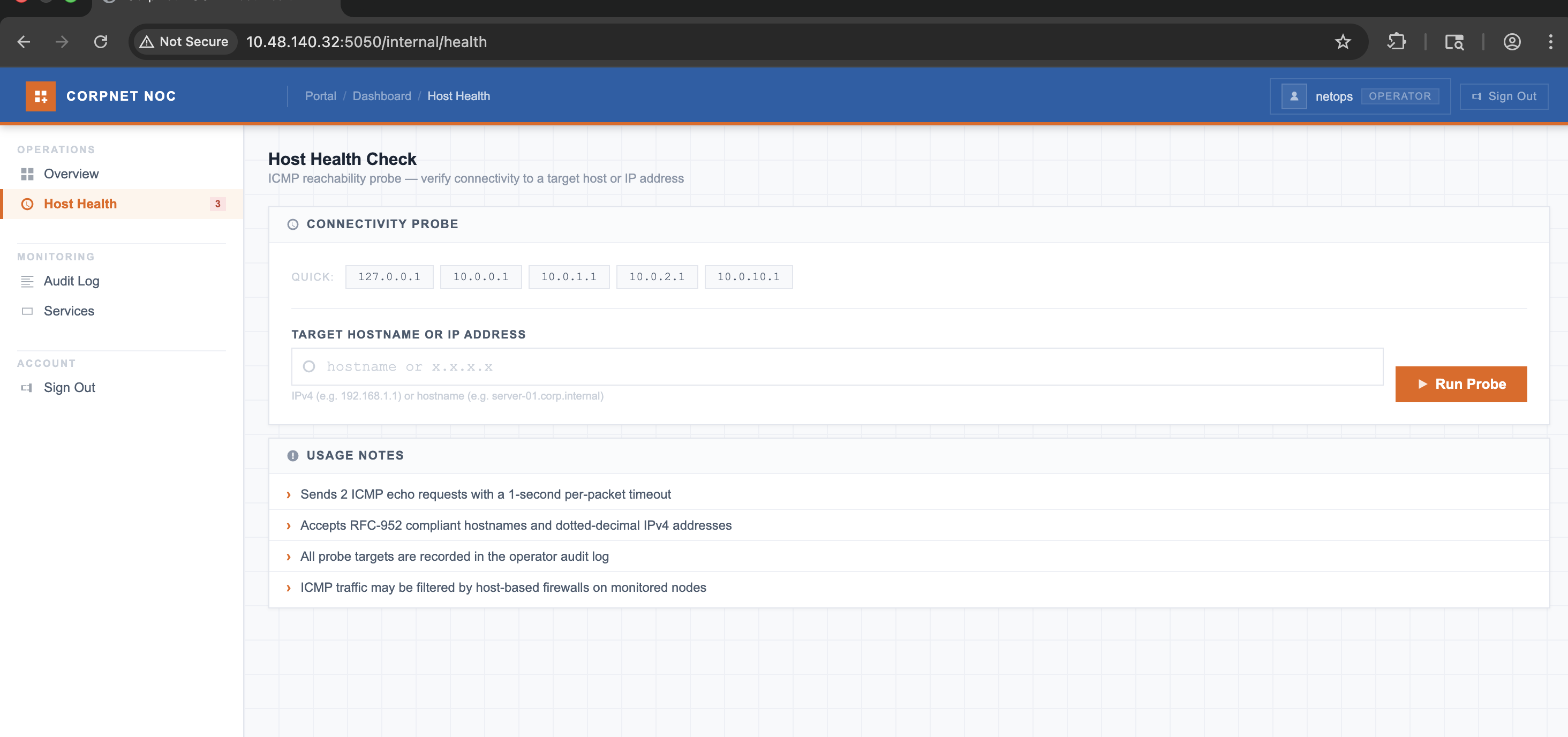 Host Health Check page with the connectivity probe