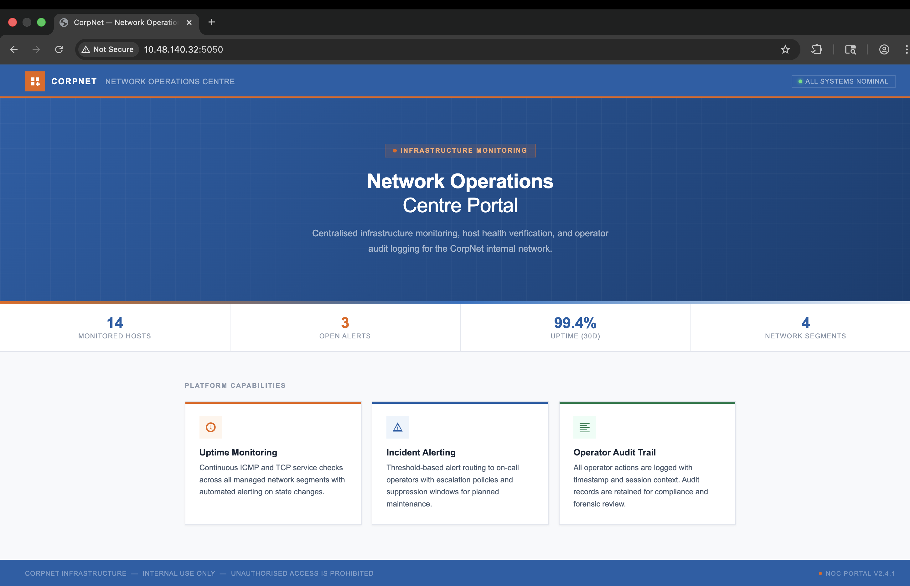 CorpNet NOC portal landing page on port 5050