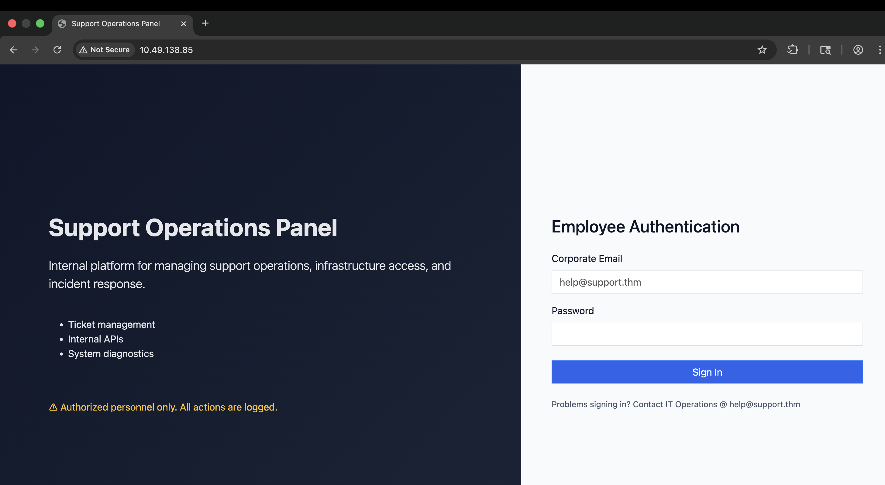 Support Operations Panel login page