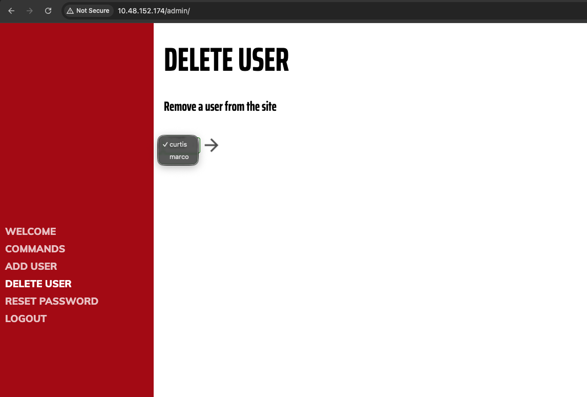 Delete User page revealing the curtis account